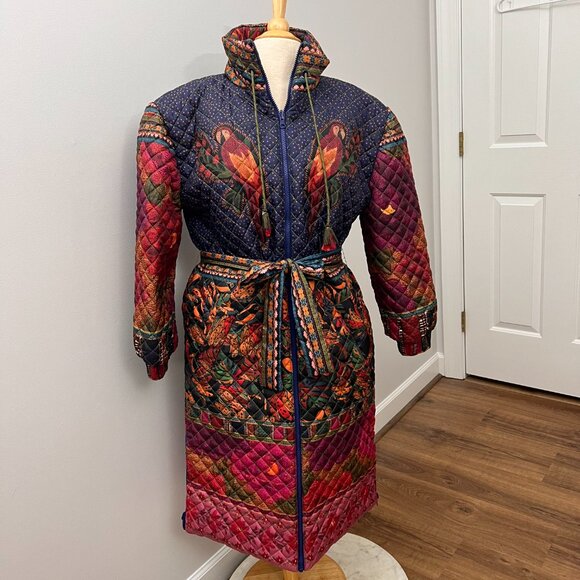 Farm Rio Mixed Patchwork Reversible Quilted Midi Puffer Coat Sz M - Picture 2 of 16
